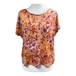 Rachel Zoe Linen Floral Button Back Crop Short Sleeve Blouse Sz L Orange